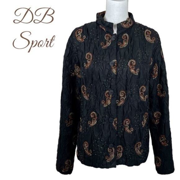 DB Spirt Crinkle Black Beaded Embroidered Party Event Jacket Vintage Size L - Picture 2 of 13
